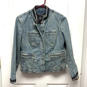 Style & Co Jean Jacket Beaded Cropped Denim Coat, Mandarin Collar, Size MP